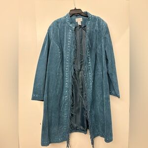 INSANE Y2K Women's Teal Suede Fringe Coat beaded event concert XL
